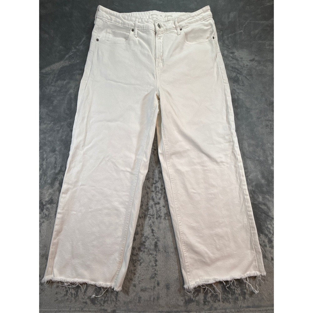 Old Navy Sky-Hi Wide Leg Jeans White Raw Hem Extra High Rise Size 16, Boho Fray